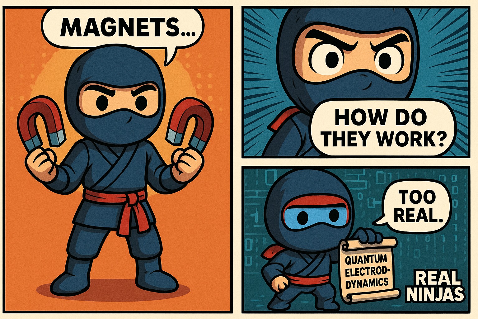 Comic: a ninja holding magnets — 'magnets, how do they work?' — 'too real.'
